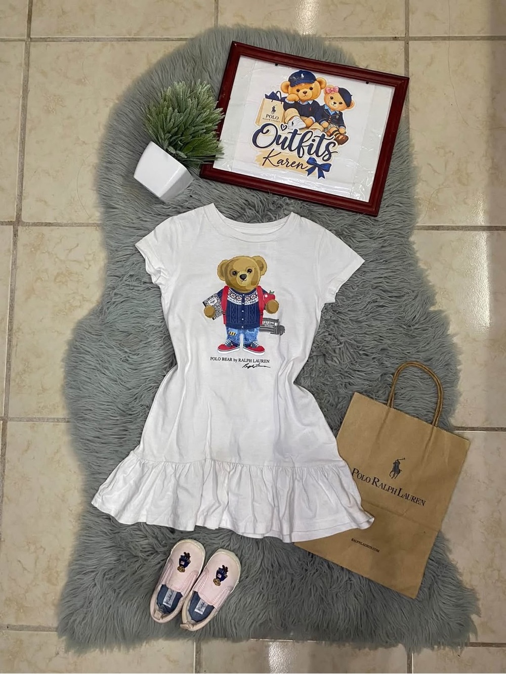 Polo by Ralph Lauren White Bear Graphic Ruffle-Hem Kids Dress